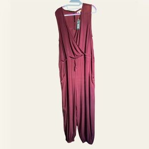Earthbound Womens Jumpsuit Size XL Burgundy Red jogger Leg Faux Wrap